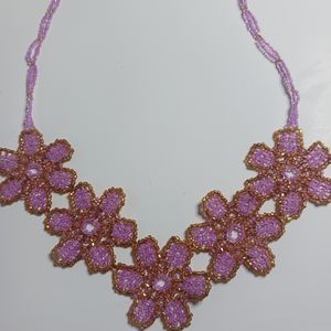 Mexican handmade beaded seed Necklace,  pink and gold